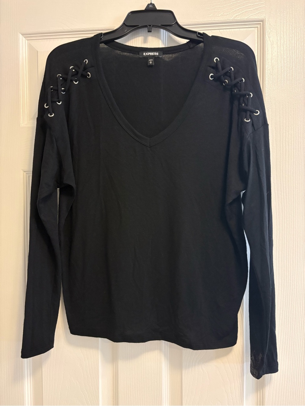 Express Women's Black V-Neck Lace-Up Shoulder Long Sleeve Top